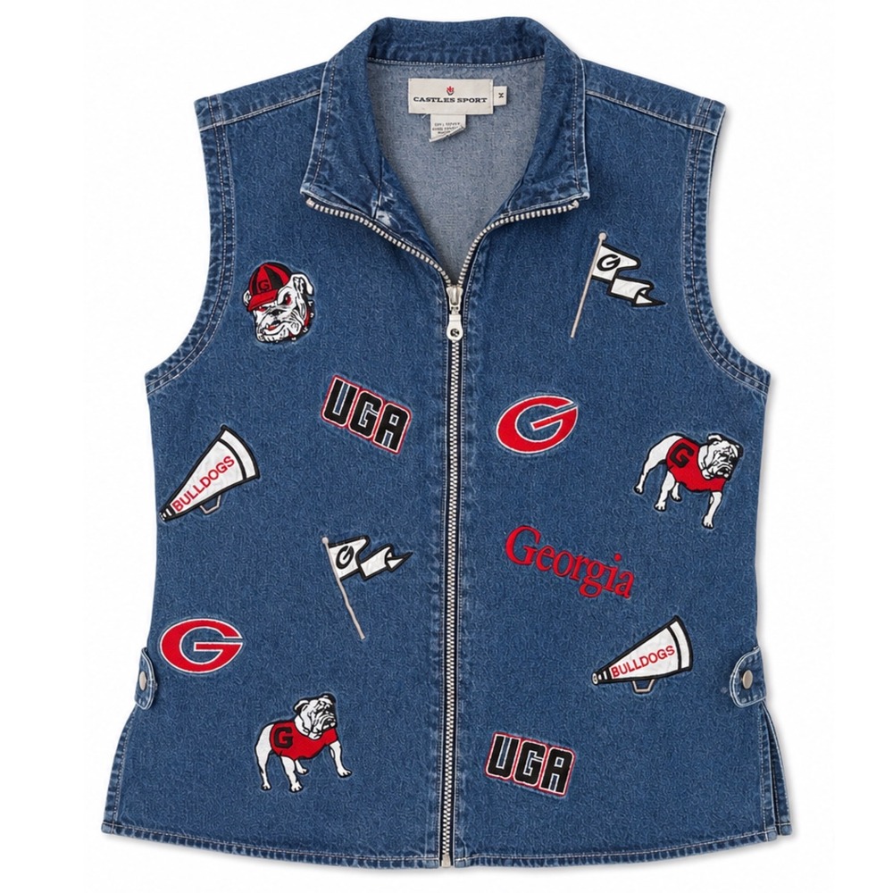 Vintage Castles Sport UGA University of Georgia Bulldogs Denim Vest Medium Y2K